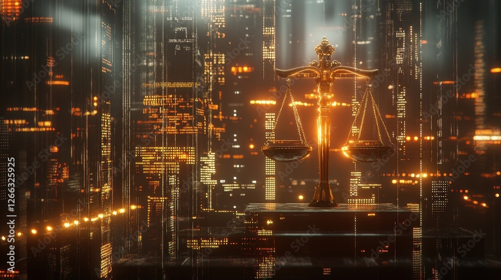 Naklejka premium Golden scales of justice shine brightly against a futuristic city backdrop. Illustrates concepts of digital law, cyber justice, or technological fairness.