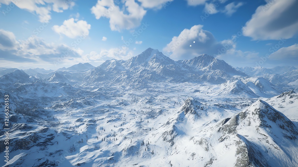 Obraz premium Snowy Mountain Landscape Under a Clear Blue Sky With Fluffy Clouds in a Winter Setting at Midday