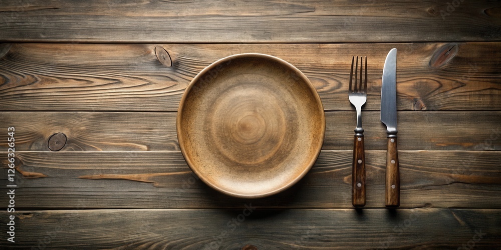 Rustic wooden table setting with empty earthenware plate, fork, and knife, ready for a delicious meal Rustic wooden table setting with empty earthenware plate, fork, and knife, ready for a delicious meal