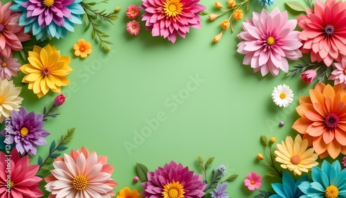 Vibrant Paper Flower Border on Green Background