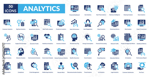 analytics fill icon set collection. data analytics, graph visualization, dashboard metrics, performance report, pie chart, financial, seo analytics, real time analytics, business intelligence