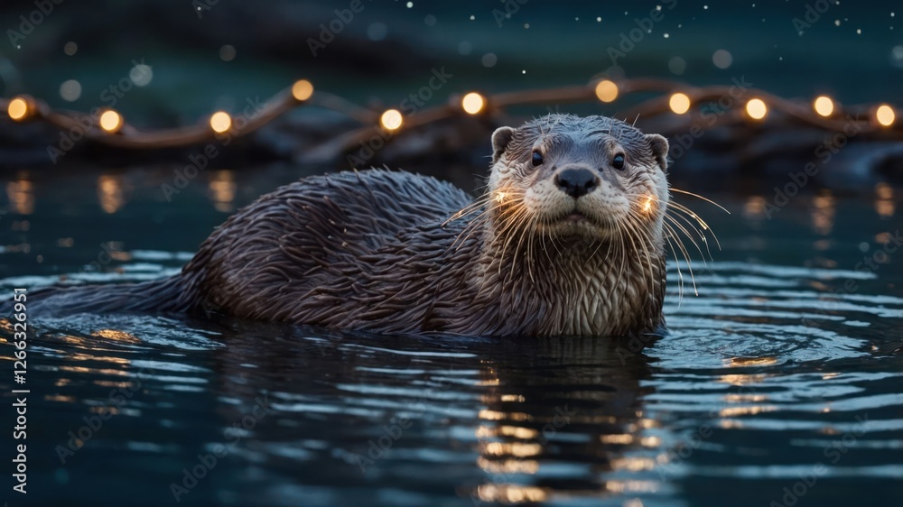 A playful otter swimming in a serene pond with soft lights in the background. A playful otter swimming in a serene pond with soft lights in the background.