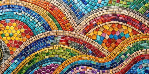 Vibrant multicolored mosaic tile art with flowing wave patterns and diverse shapes creating an abstract design for home decor and design inspiration