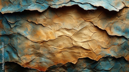 Textured layers of crumpled paper with blue and orange hues, creating an artistic background