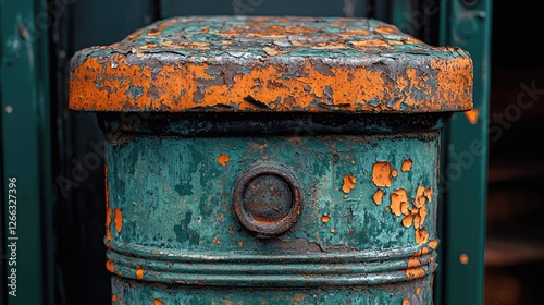 Close-up of a weathered green and orange postbox showcasing rust and peeling paint in an urban setting