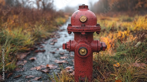 A vibrant red fire hydrant stands prominently in a misty autumn landscape with fallen leaves