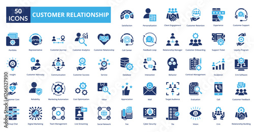 customer relationship icon fill collection set. Includes icon customer analytics, advocacy, care, onboarding, success, client, interaction
