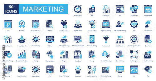 Marketing fill icon collection set. Includes selling, trade, promotion, purchase, retail, traffic, commerce, sale, shopping, buy