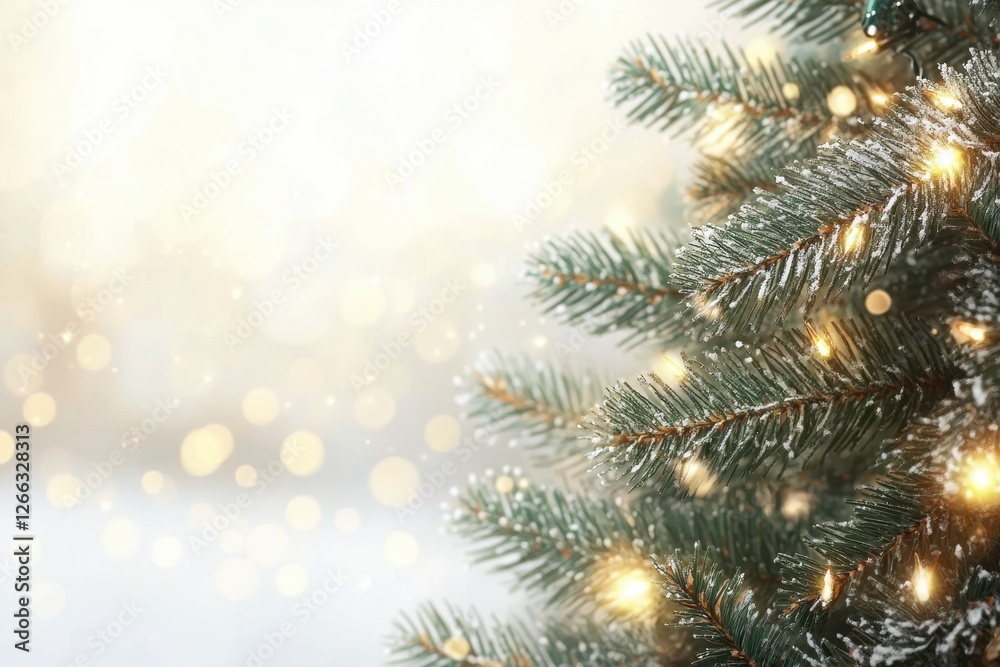 Snow-dusted Christmas tree branch with warm lights, bokeh background. Perfect for holiday cards, festive websites, or winter themed designs. Snow-dusted Christmas tree branch with warm lights, bokeh background. Perfect for holiday cards, festive websites, or winter themed designs.