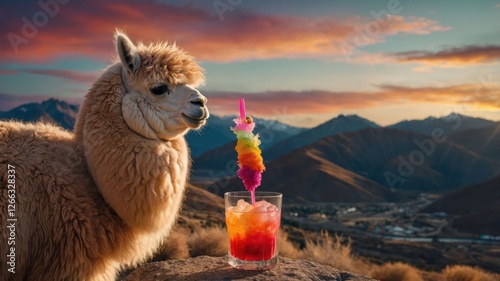 A charming alpaca beside a colorful drink against a stunning mountain sunset.
