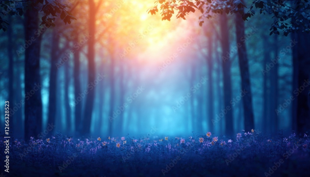 Obraz premium A serene forest scene illuminated by soft, warm light, surrounded by trees and a misty atmosphere, evoking tranquility and natural beauty.
