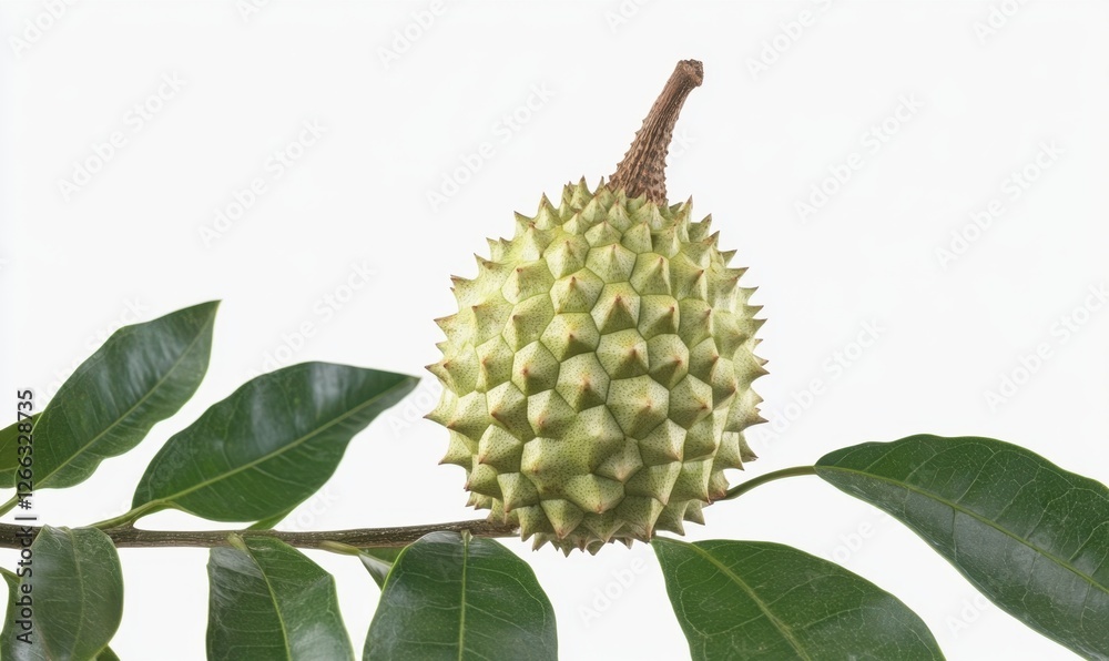 A close-up of a durian fruit hanging from a branch, surrounded by green leaves against a white background A close-up of a durian fruit hanging from a branch, surrounded by green leaves against a white background
