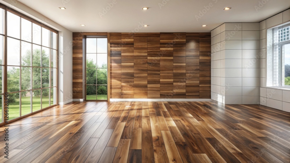 Fototapeta premium Sunlight streams through large windows illuminating a spacious room with hardwood floors and a wood-paneled accent wall