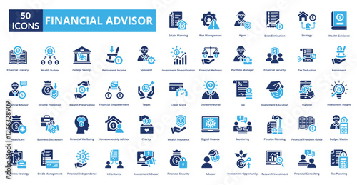 Financial Advisor fill icon collection set. Includes meeting, office, financial, business, finance, talking, client, company, planning, consulting, investment, conversation