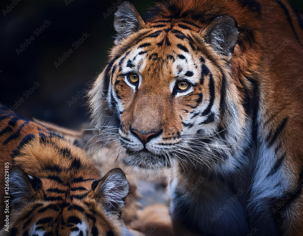 Fototapeta premium A majestic tiger gazes intensely while another tiger rests beside it in a dimly lit forest.