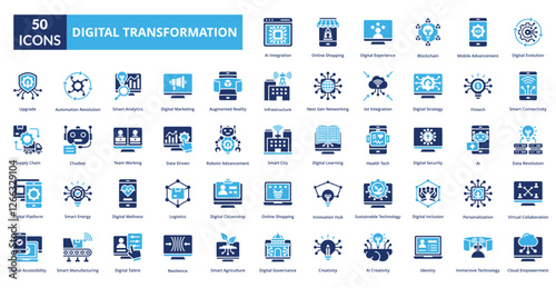 Digital Transformation fill icon collection set. Includes evolution, progress, technology, transformation, digital, information, concept, innovation