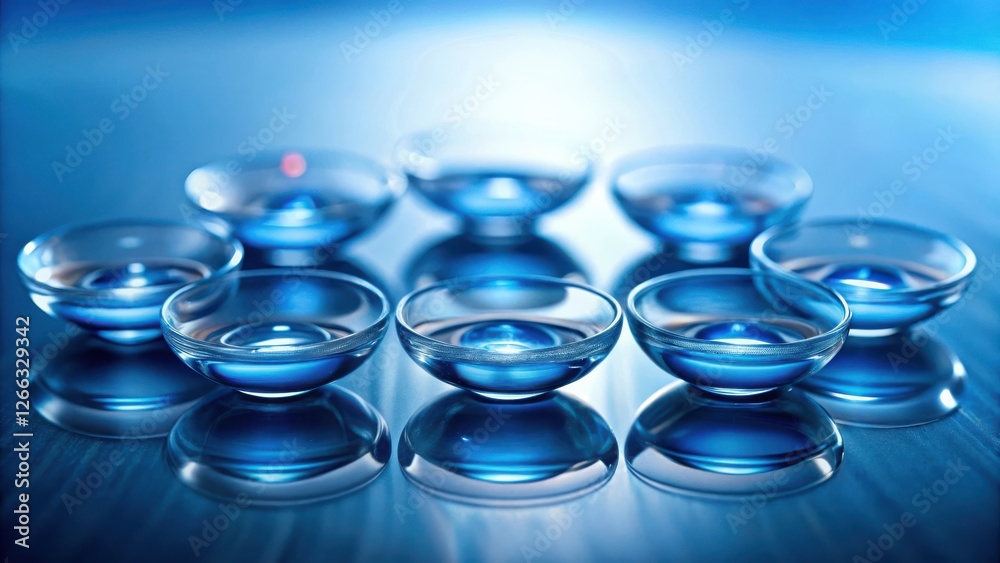 A Close-Up View of Several Contact Lenses Arranged on a Reflective Surface, Showcasing Their Translucent Nature and the Play of Light A Close-Up View of Several Contact Lenses Arranged on a Reflective Surface, Showcasing Their Translucent Nature and the Play of Light