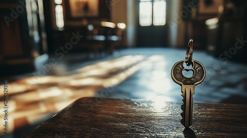 Heart shaped key standing upright on a rustic wooden table surrounded by soft lighting in a cozy setting : Generative AI