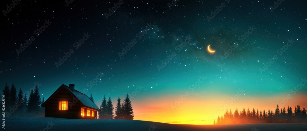 A serene winter night scene featuring a cozy cabin illuminated against a starry sky and a colorful sunrise on the horizon. A serene winter night scene featuring a cozy cabin illuminated against a starry sky and a colorful sunrise on the horizon.