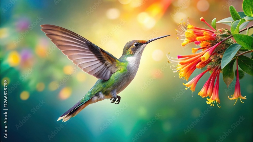 Fototapeta premium A Vibrant Hummingbird in Flight, Gracefully Hovering Near a Cluster of Blossoms, Its Wings Spread Wide in a Stunning Display of Nature's Beauty