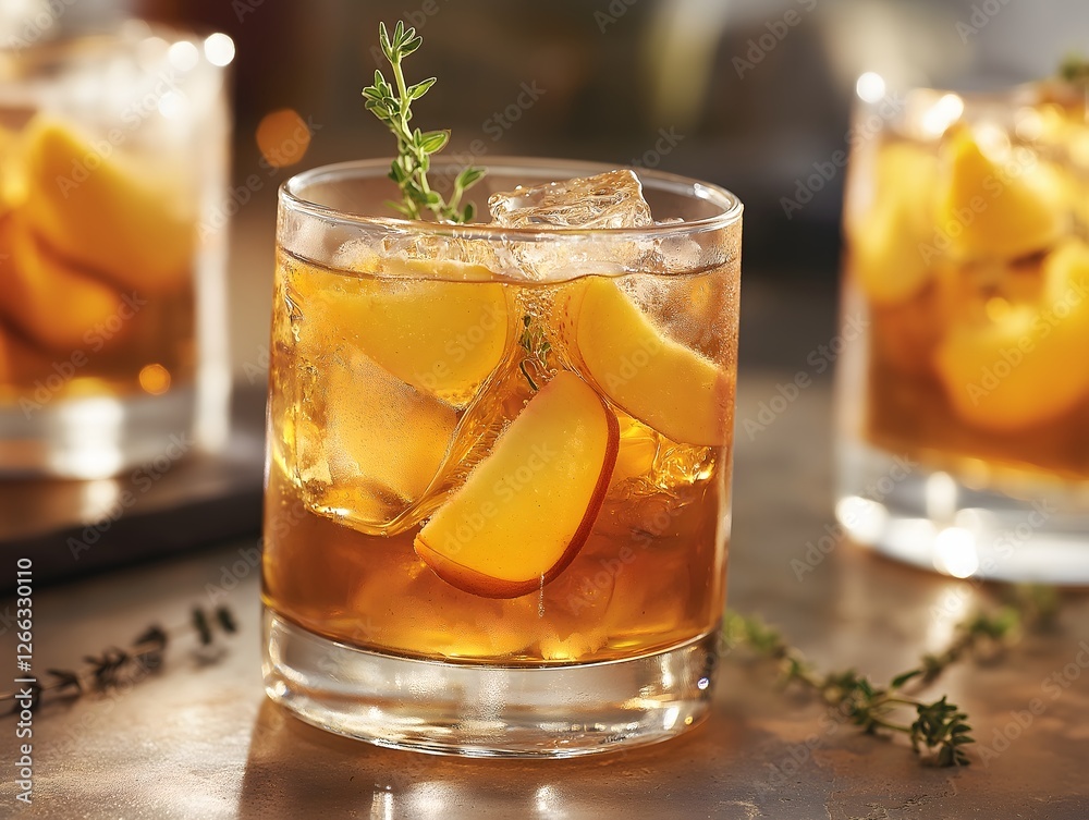 Whiskey cocktail with peach slices and thyme on a textured surface Whiskey cocktail with peach slices and thyme on a textured surface