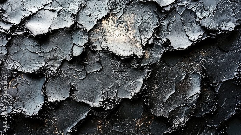 Abstract texture of black paint peeling off a surface, revealing layers beneath, suitable for backgrounds