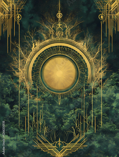 A digital art piece combining the golden, ornate mandala design with elements of nature and mythology