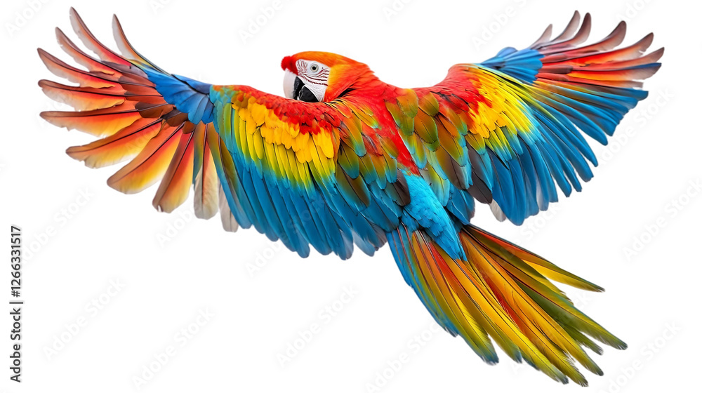 Fototapeta premium Single colorful parrot (reds, blues, greens, and yellows) soaring gracefully with wide-spread wings, captured mid-flight. Suitable for marketing or business purposes. PNG file