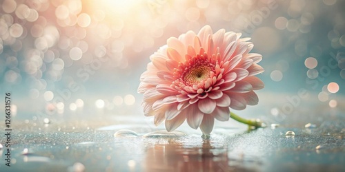 A delicate pink flower rests gently on a shimmering, wet surface, bathed in soft, warm light and surrounded by a dreamy bokeh effect.