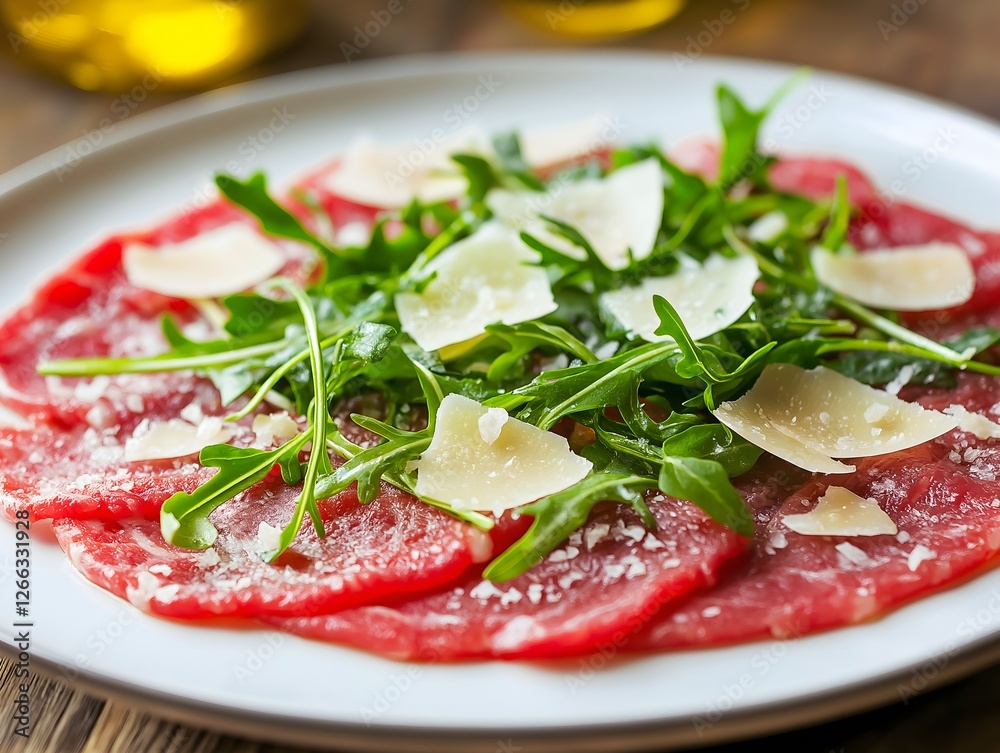 Beef Carpaccio with Arugula and Parmesan Cheese on Plate Gourmet Food Beef Carpaccio with Arugula and Parmesan Cheese on Plate Gourmet Food