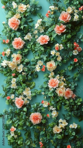 Vibrant floral wall decoration featuring roses and greenery against a turquoise backdrop