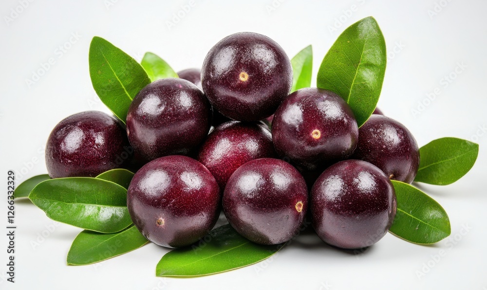 A vibrant arrangement of dark purple fruits surrounded by lush green leaves on a white background A vibrant arrangement of dark purple fruits surrounded by lush green leaves on a white background