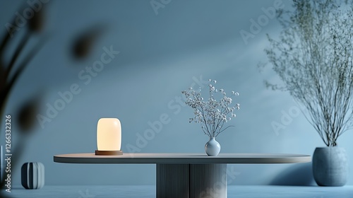 Stylish illuminated lamp and delicate flowers on a contemporary table in peaceful setting : Generative AI photo