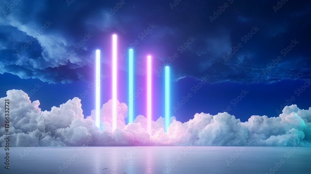 Fototapeta premium Neon lights above clouds, night sky, reflection, digital art, website banner