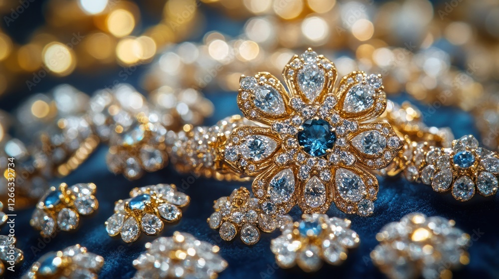 Fototapeta premium Exquisite gold and blue diamond jewelry collection on dark velvet