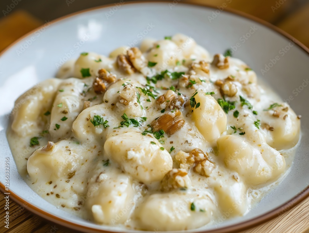 Creamy Gnocchi with Walnut and Parsley in Bowl - Italian Cuisine Delight Creamy Gnocchi with Walnut and Parsley in Bowl - Italian Cuisine Delight