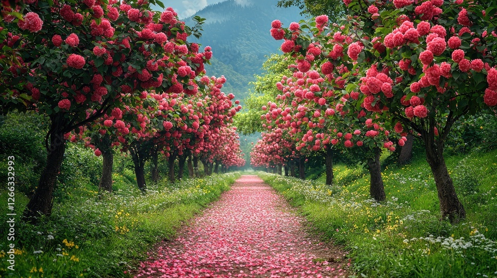 Naklejka premium Serene pathway lined with blooming pink flowers, leading to mountains in the background