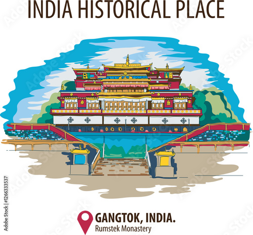 Vector city elements of Rumtek Monastery in Gangtok, India.