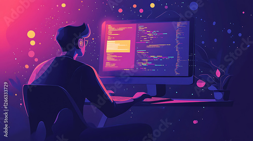 A developer coding on a computer with lines of code flowing on the screen (3)