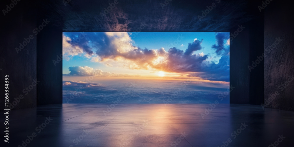 stunning view of sunset over clouds displayed on large screen in minimalist room, creating serene and tranquil atmosphere stunning view of sunset over clouds displayed on large screen in minimalist room, creating serene and tranquil atmosphere