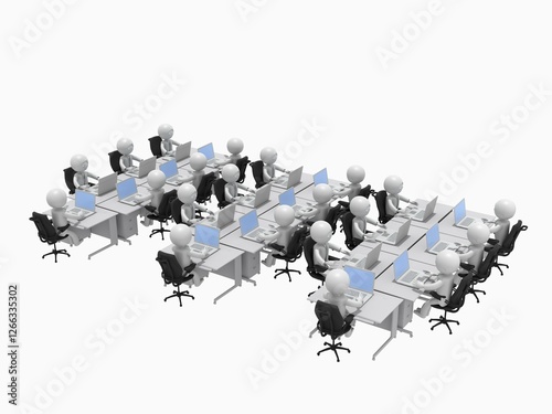 たくさんの机が並ぶオフィスで、ノートパソコンを操作して仕事するビジネスマンたち