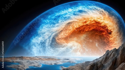 Realistic surreal cosmic landscape: vibrant abstract planets, glowing nebula clouds, and a breathtaking star-filled galaxy.