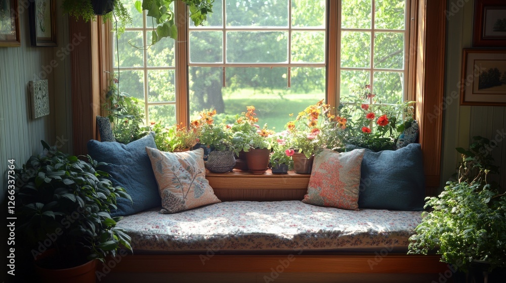 Sunlit Window Seat with Flowers and Pillows Sunlit Window Seat with Flowers and Pillows