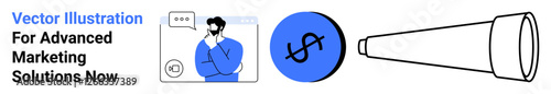 Professional communicating via chat, blue dollar icon, and telescope. Ideal for marketing, finance, strategy, business growth, consulting communication planning. Flat landing page banner