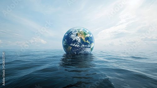 Earth floating in calm ocean waters under bright sky. The world is sinking under the sea.