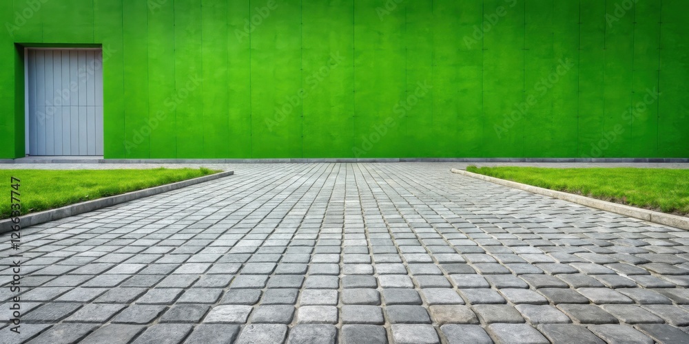 Fototapeta premium Serene Stone Pathway Leading to a Vibrant Green Wall and a White Door