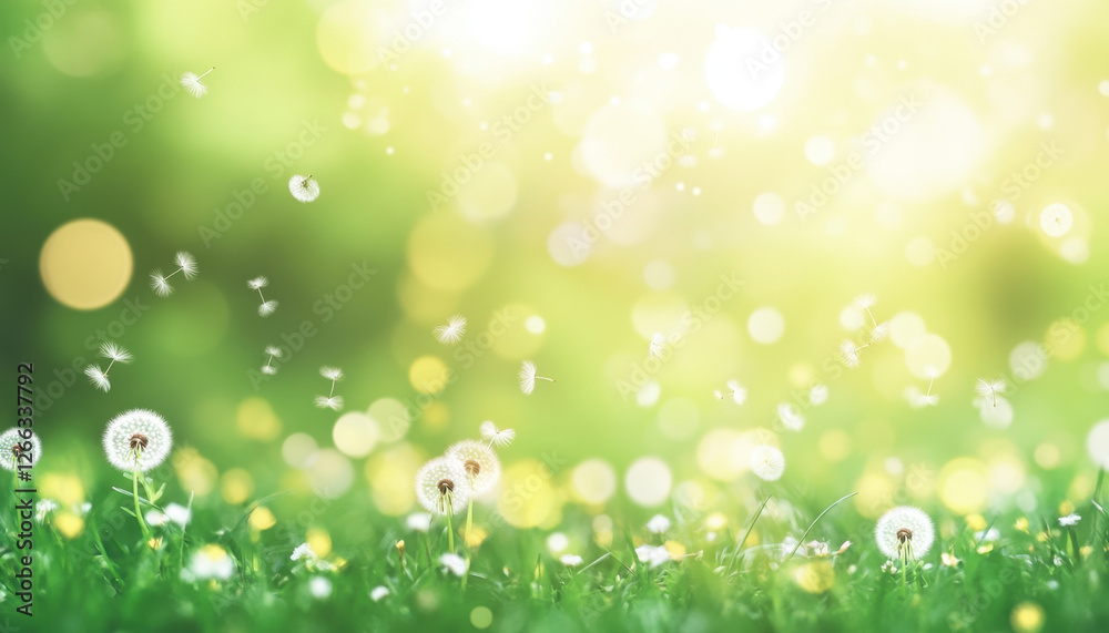 Obraz premium dreamy vibrant meadow filled with dandelions, softly illuminated by sunlight, creating serene and magical atmosphere. gentle breeze carries dandelion seeds, enhancing enchanting scene