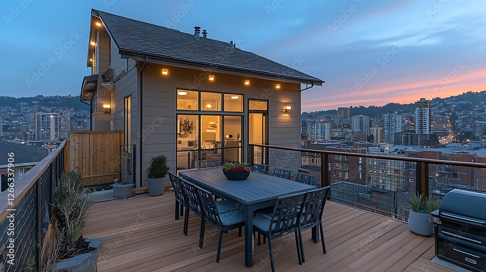 Fototapeta premium Rooftop dining, city sunset view