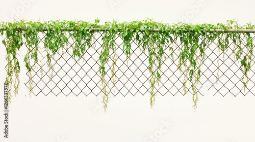 Ivy-covered metal chain link fence, isolated on white