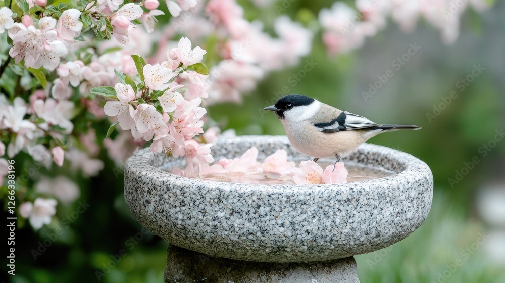 Obraz premium Bird at a birdbath in a blossoming garden